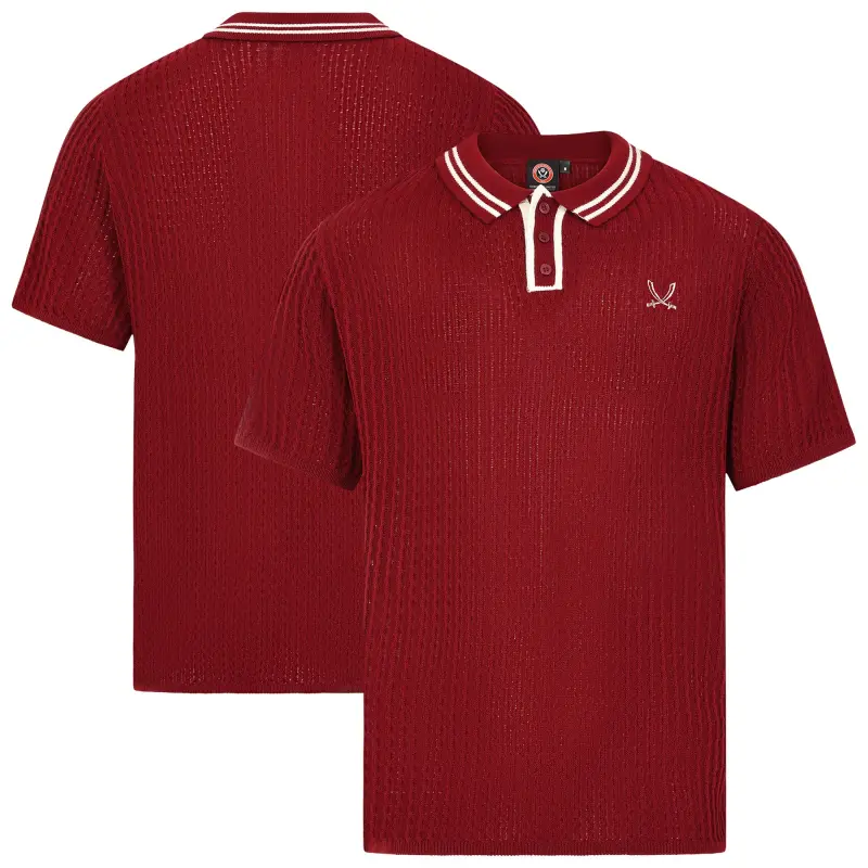 Sheffield United Cable Knit Button Polo Shirt - Burgundy/Stone - Mens Collection View